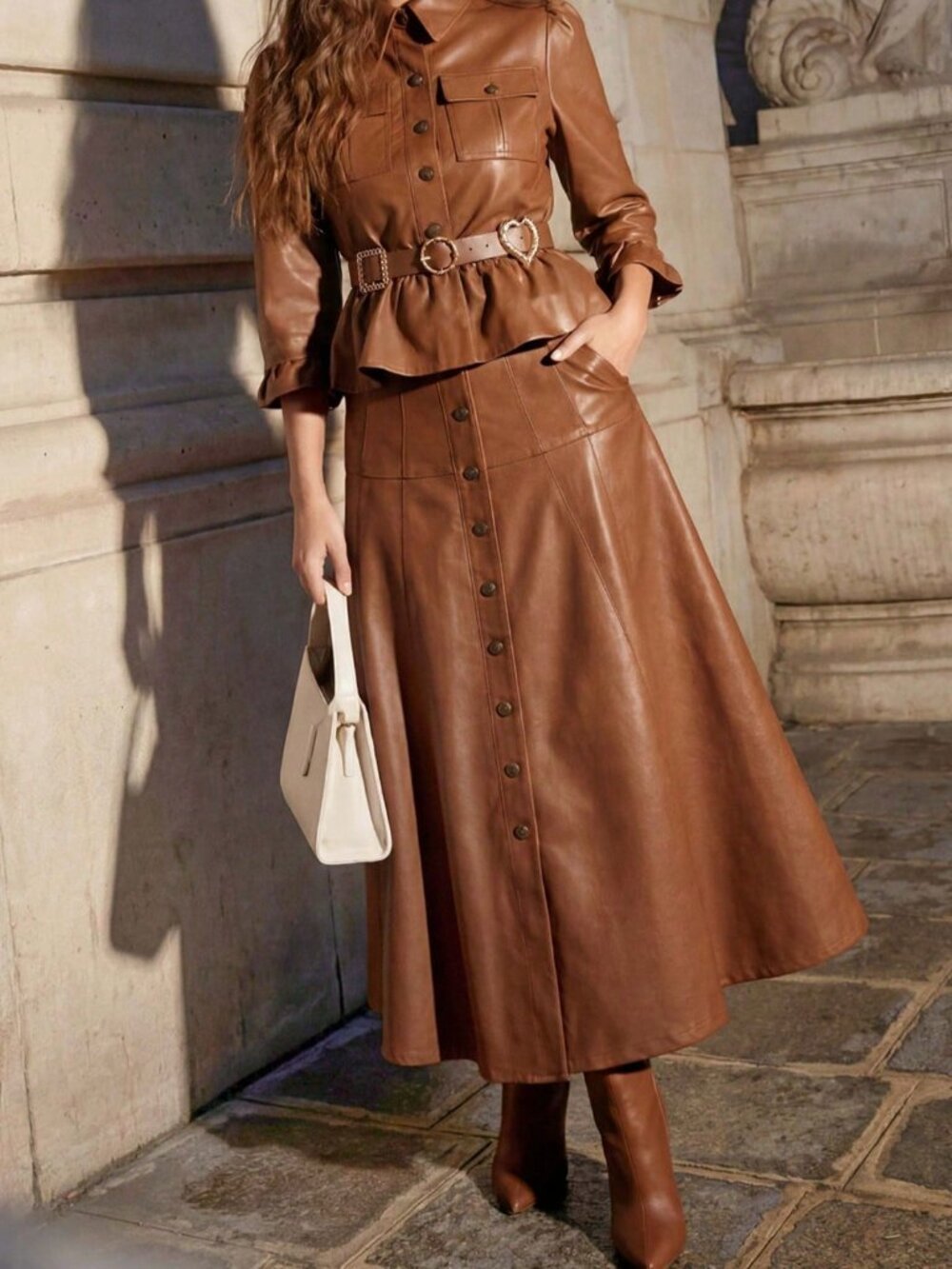 Khaki Casual Women's Pleated Flared Skirt